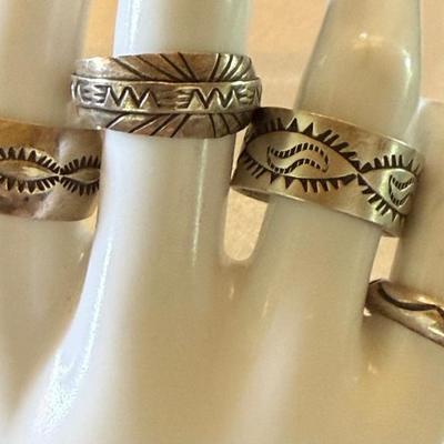 (4) Navajo Sterling Silver Stamped Rings - Size 8.75 - 9.25 - Total Weight 21 Grams