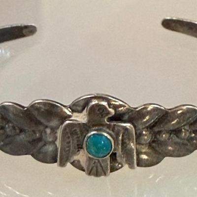 1940's Silver Arrow Sterling Silver & Turquoise Thunderbird Cuff Bracelet - Total Weight 6.9 Grams