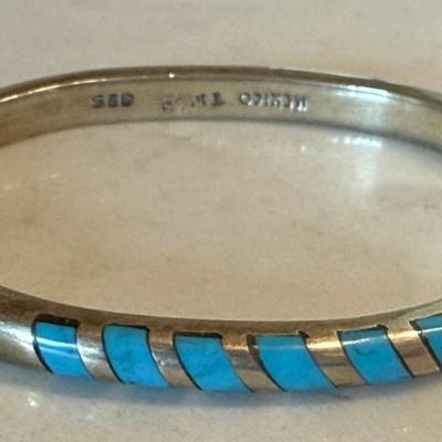 Vintage Taxco Mexico Sterling Silver & Turquiose Inlay Bangle Bracelet - 25.29 Grams