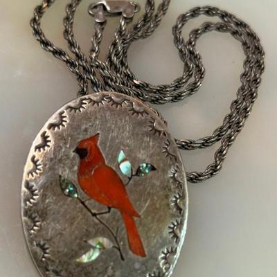 Larry Watchman Navajo Sterling Silver Inlay Bird Bolo Tie Coral & MOP & Sterling Silver 23 Inch Chain 32.8 Gr