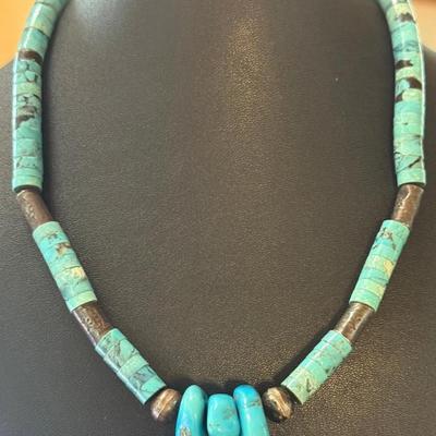 Navajo Turqouise Heish & Silver Sunrise Bead 18 Inch Necklace With 3 Chunk Turquoise Pendants