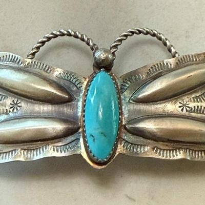 Thomas Yazzie Navajo Sterling Silver & Turquoise Butterfly Barrette - 14 Grams