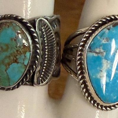 (2) Vintage Navajo Sterling Silver & Turquoise Rings (1) Sunshine Reevess (as Is) - Total Weight 19.22 Grams