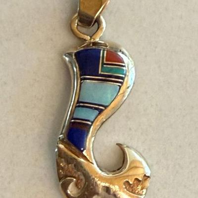 14k Gold Stone Inlay Pendant - Turquoise, Lapis, Coral - 5.11 Grams
