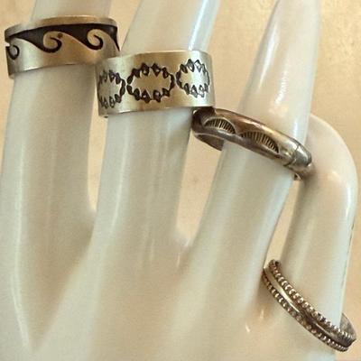 (4) Stamped Sterling Silver Navajo & Hopi Rings Sizes 8.75 - 9 - 20.46 Grams