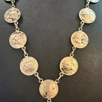1940's Mercury Silver Dime & Sterling Silver Chain Link 18 Inch Necklace Stamped RJR - 32.4 Grams