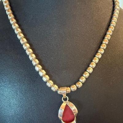 Vintage Mexico Sterling Silver Bead & Red Jasper Pendant 18 Inch Necklace - Total Weight 53.10 Grams