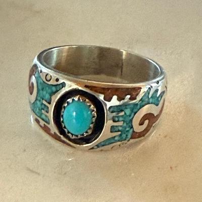 Tim Kee Whitman Navajo Turquoise & Coral Ring Size 11.5 - Total Weight 10.57
