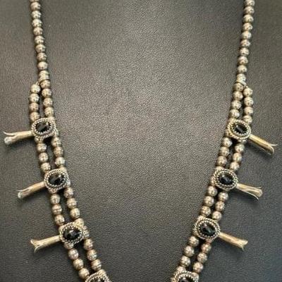 Vintage Navajo Sterling Silver & Black Onyx Squash Blossom 20 Inch Necklace & Matching Earrings