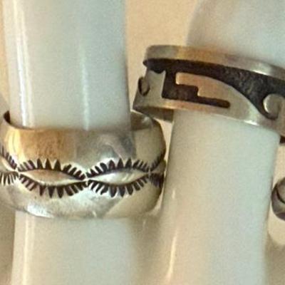 (4) Vintage Navajo Handmade Stamped Sterling Silver Rings Size 8.75-9.25 - Total Weight 16.58 Grams