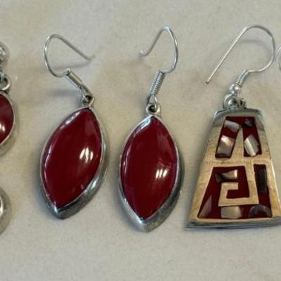 (3) Pairs Of Vintage Mexico Sterling Silver - Red Jasper & Mother Of Pearl Earrings - Total Weight 16.47 Grams