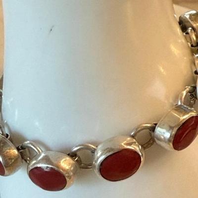 Vintage Mexico Sterling Silver & Red Jasper 7 Inch Bracelet - Total Weight 24.85 Grams