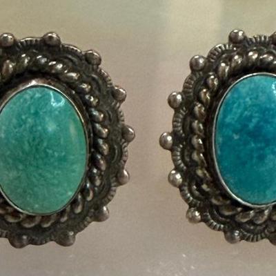 Vintage Turquoise & Silver Screw Back Earrings - (1) Blue Turquoise & (1) Green Turquoise - 12.2 Grams