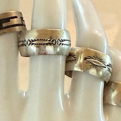 (4) Sterling Silver Navajo Stamped Rings Size 8.5-9.25 -JAC - 27.54 Grams
