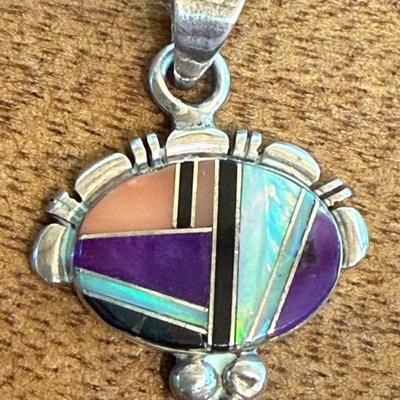 Signed Francis Melvin Navajo Sterling Silver Inlay Pendant - Charoite, Opal, Coral, Onyx - 5.09 Grams