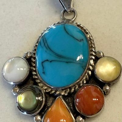 Native American Sterling Silver Pendant - Turquoise - Coral - MOP - Spiny Oyester - Abalone - 7.88 Grams