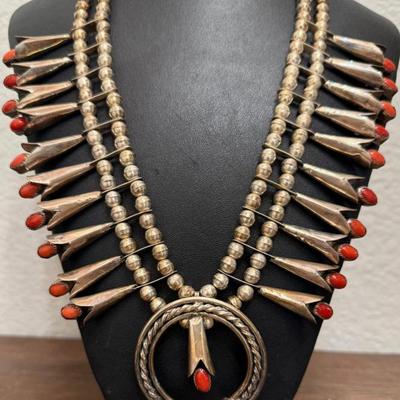 Stunning Vintage 1974 Navajo Sterling Silver & Coral Squash Blossom Necklace