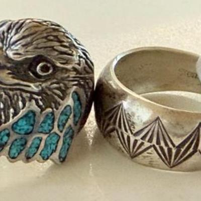 (4) Navajo Sterling Silver Rings - Eagle W Turquoise Inlay, Shadowbox, Sizes 8.5 - 9 - Total Weight 17.66 Grm