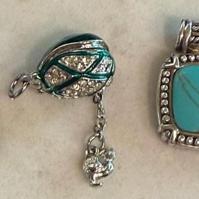 Sterling Silver & Opal Pendant, Sterling Faux Turquoise Pendant & Enamel Egg Locket W Rooster