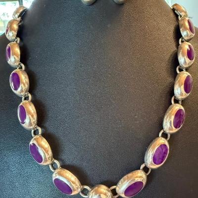 Vintage Taxco Mexico Sterling Silver & Purple Stone 18 Inch Necklace & Earrings - Total Weight 98.22 Grams
