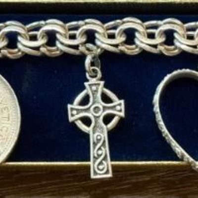 Vintage 800 Silver Triple Loop Charm Bracelet W 5 Franc 83.5 Percent Silver Coin & (3) Sterling Silver Charms