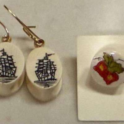 (3) Pairs Of Scrimshaw Earrings - Flowers - Ships