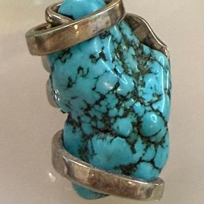 Hand Made Brutalist Silver & Large Chunk Turquoise Ring Size 7.5