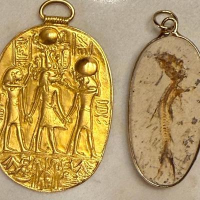 Gold Tone MMA 1976 Pendant & Vintage Fossil Fish Pendant Necklace