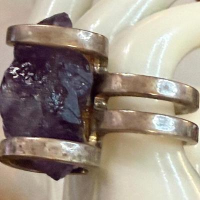 Hand Made Brutalist Silver & Raw Amethyst Ring Size 7