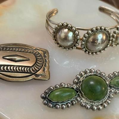 Vintage Silver Tone Dome Bracelet - Vintage Green Stone Pin & SilverTone Metal Belt Buckle