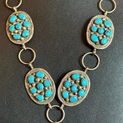 Old Pawn Navajo Sterling Silver & Turquoise Cluster 20 Inch Necklace - Total Weight 43 Grams