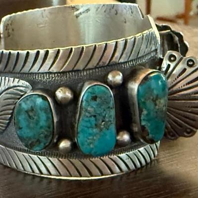 Navajo Heavy Stamped Cuff Bracelet With Turquoise Cabochons - Total Weight 72.6 Grams (for Watch Or Stone)