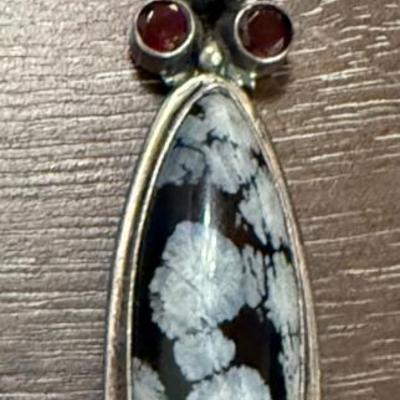 Sterling Silver - Snowflake Obsidian & Faceted Garnet 3 Inch Pendant - Total Weight 9.9 Grams