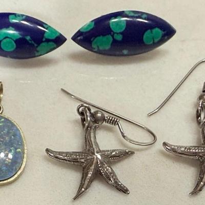 14K Gold Opal Doublette With Azurite Earrings & Sterling Silver Starfish Earrings