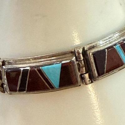Heavy Vintage Sterling Silver 7.5 Inch Inlay Panel Bracelet - Turquoise - Onyx - Tiger's Eye - 56.8 Grams