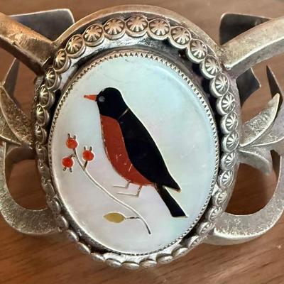 Old Pawn Sand Cast Navajo Silver Cuff Bracelet W Zuni Bird Inlay Mother Of Pearl Pendant (as Is) 73.5 Grams