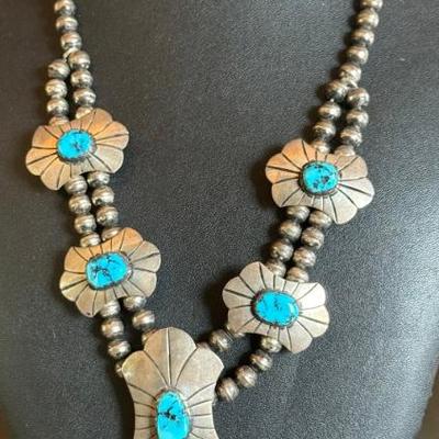 Kary Begay Navajo Signed Sterling Silver & Sleeping Beauty Turquoise Bench Bead 20 Inch Necklace - 73.5 Grams