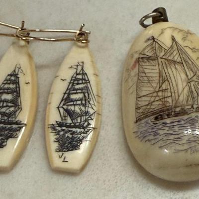 Vintage Scrimshaw Pendant And Earrings With Sailing Ship Motif