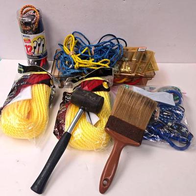 Assortment of Tools, Bungee Cords, Poly Rope, & More