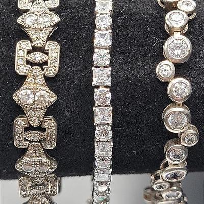 Trio Of Sterling And Rhinestone Bracelets 