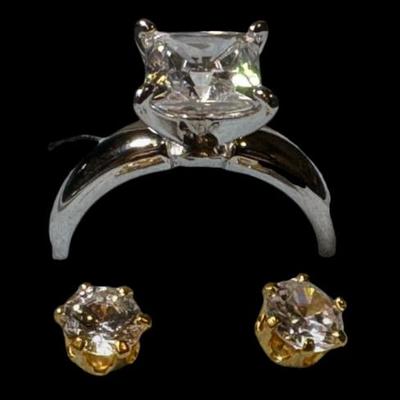 Sterling Silver Diamonique Simulated Solitaire Ring And Gold Tone Solitaire Stud Earrings 