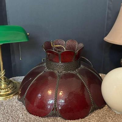 Vintage Lamp Collection With Red Stained Glass Shade