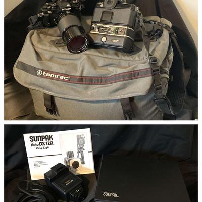 Nikon Film Cameras, Vivitar Lenses & Sunpak Ring Light In Tamrac Bag