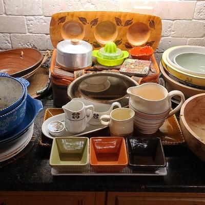 Dishware Collection Featuring Wooden Bowl, Enamelware & Serving Pieces