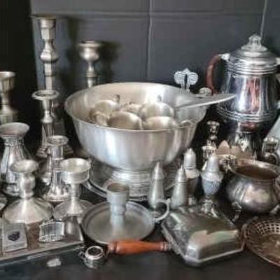 Silver-Plated & Pewter Tableware Collection Featuring Punch Bowl Set & Candlesticks