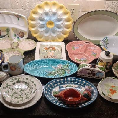 Colorful Ceramic Dishware Collection Featuring Floral Bowls, Platters & 12" Egg Tray