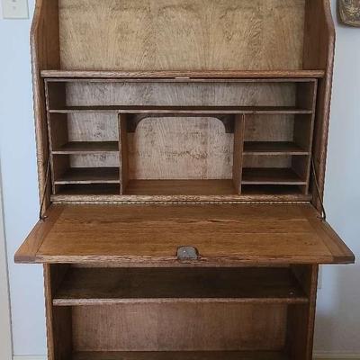 Oak Drop-Front Secretary Desk with Cubby Storage