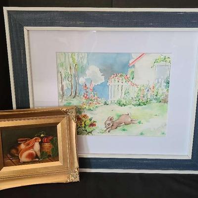 Framed Bunny Artwork Featuring Signed Watercolor & Still Life Print