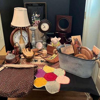Wood, Ceramic & Floral Decor Collection Featuring Imperial Clock Works Clock & McCoy Pitchers