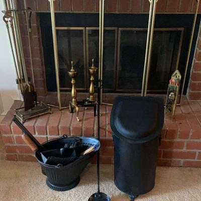 Brass and Black Metal Fireplace Set with Tools and Accessories
